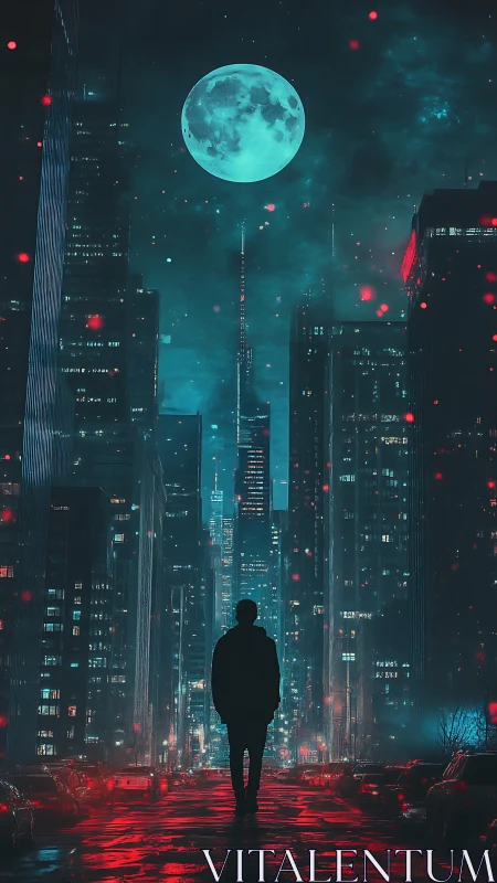 Silhouette walks down neon city street under large cyan moon