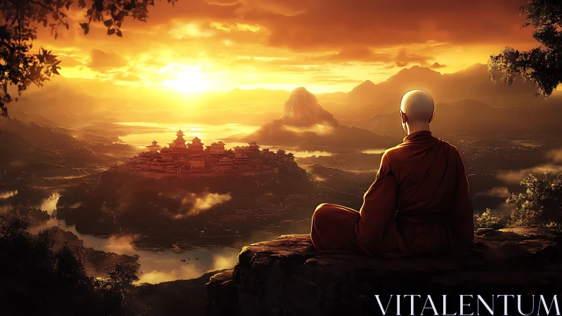 Digital painting of monk overlooking luminous valley cityscape.