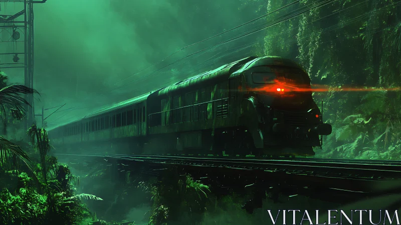 Futuristic train with red lights crossing misty jungle rail