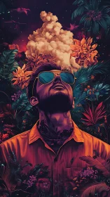 Neon jungle dreamer gazes upward into surreal cosmic bloom