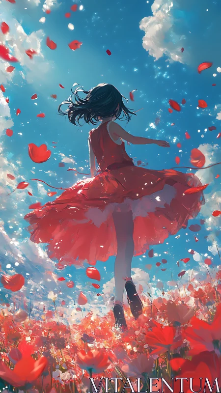 Skybright whirl of a red dress over dreaming poppies.