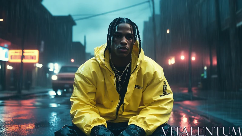 Cinematic urban portrait in rain-soaked neon streetscape framing.