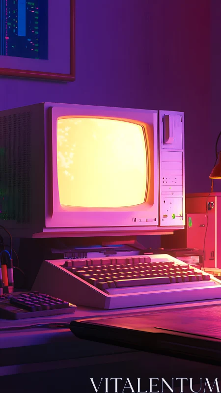 Neon-lit retro workstation with CRT terminal in 3D render.