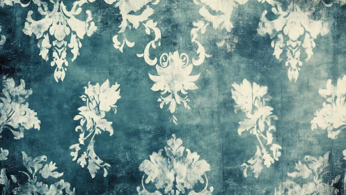 Vintage teal damask wallpaper with distressed texture.