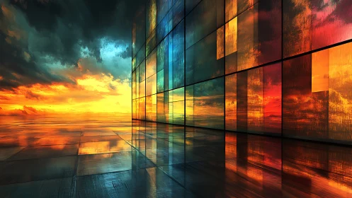 Glass wall with multicolored sky reflections at sunset.