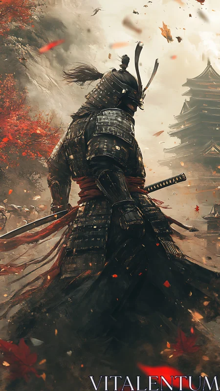 Armored samurai strides through autumn storm in cinematic backlight