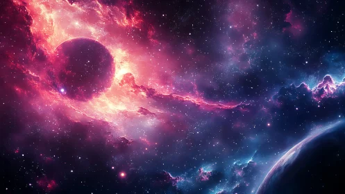 Glowing magenta nebula encircles dark planet in deep space
