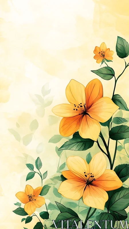 Yellow orange flowers with green leaves on pale background
