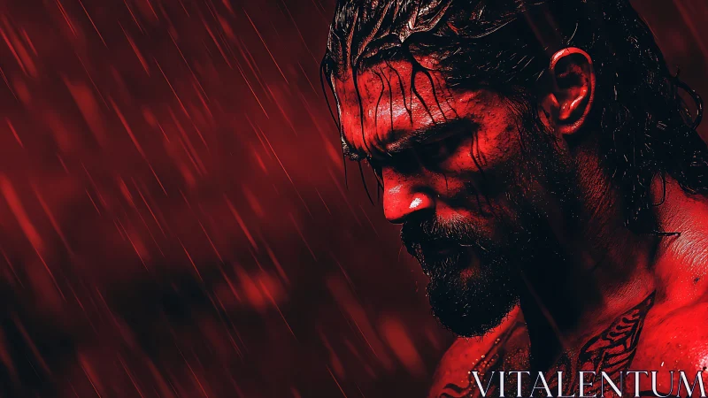 Digital painting portrait in crimson rain with dramatic chiaroscuro.