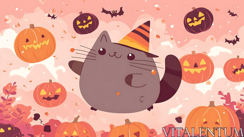 Chubby grey cat wearing witch hat surrounded by jack-o-lantern pumpkins.