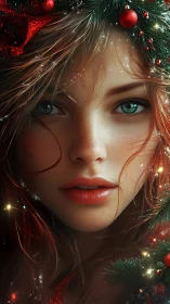 Red haired woman with Christmas wreath and soft lighting.