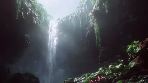 Sunlit jungle waterfall descends into misty hidden grotto