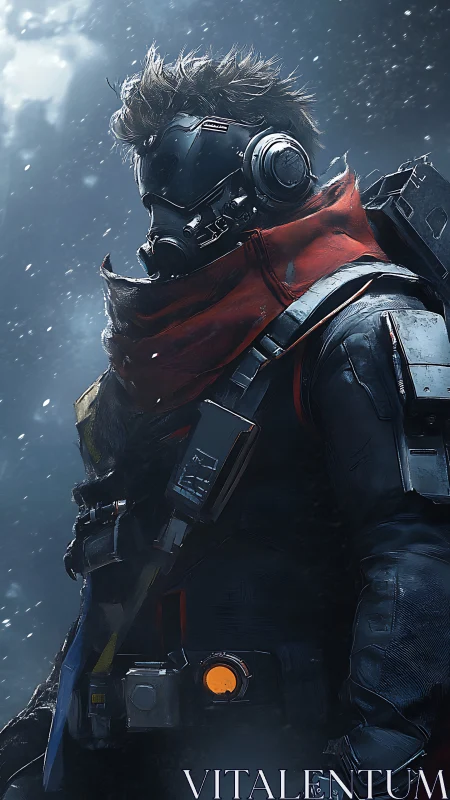 Storm-worn techno wanderer wrapped in ember-red resolve.