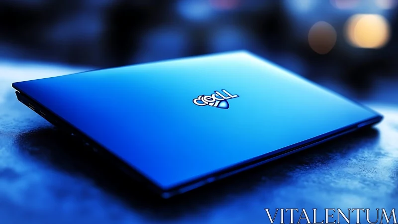 Sleek blue laptop lid reflects cool ambient studio light.
