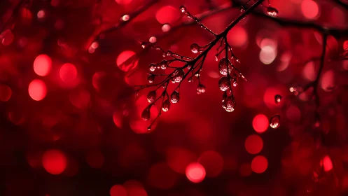 Macro optical study of wet branch bokeh in red spectrum.