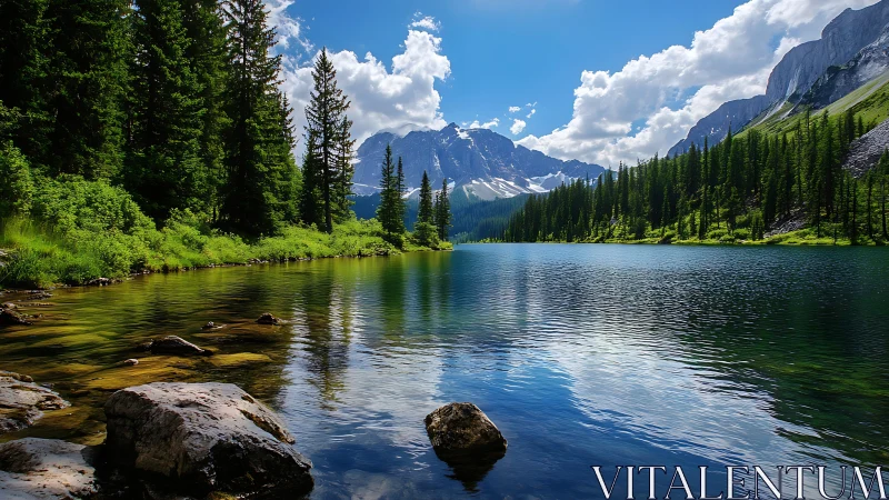 Mountain lake reflects pines, cliffs, and bright summer sky