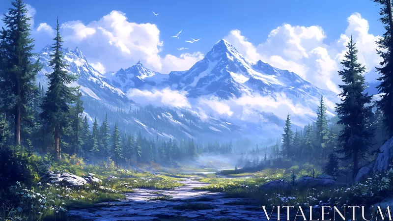 Snow-crowned giants watch over a dawnlit evergreen valley.