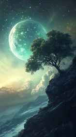 Lone cliff tree under luminous teal planet sky.