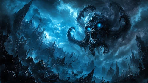 Eldritch skull storm devouring ruined dark fantasy city.