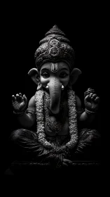 Black and white Ganesha idol with ornate crown in darkness.