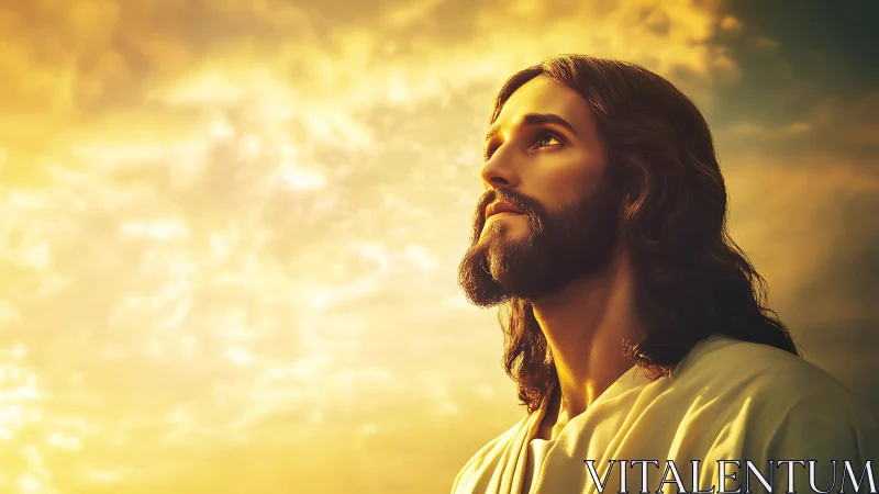 Serene bearded figure in golden sunset glow, upward gaze.