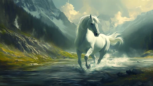 White stallion strides through alpine river in luminous light