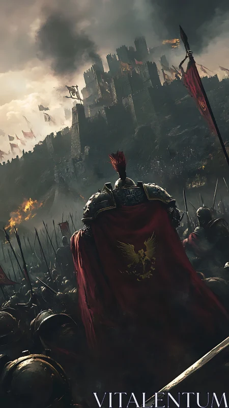 Armored warlord leading crimson legion toward burning citadel.