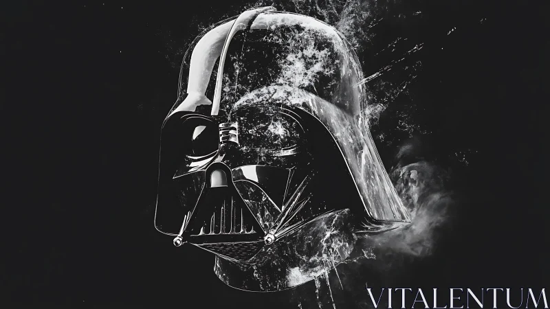 Dark helmet illustration with fractured monochrome effects.