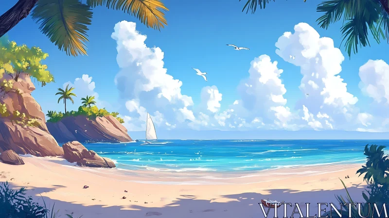 Tropical Beach Cove with Sailboat: Digital Illustration