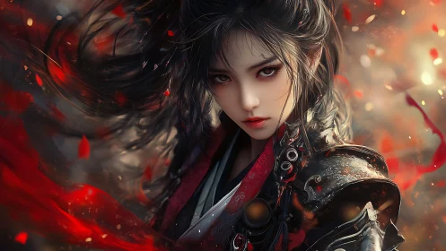 Warrior heroine in black armor amid swirling crimson embers.