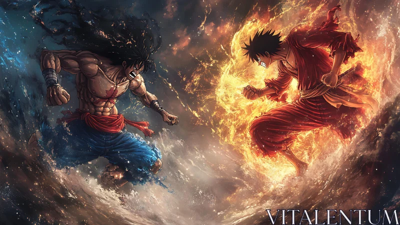 Fiery warrior clashes with water-forged rival in storm vortex