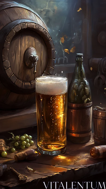 Foam-lit tavern ale glows beside an old oak barrel.