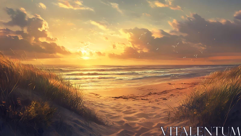 Golden sunset illuminates tranquil waves on a secluded shore