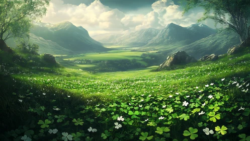 Sunlit clover valley opening into distant misty mountains.