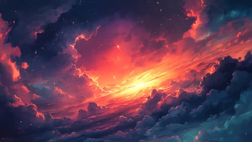 Stellar twilight nebula sky with luminous stratified clouds