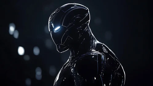 Sleek robotic warrior stands in moody cinematic lighting.