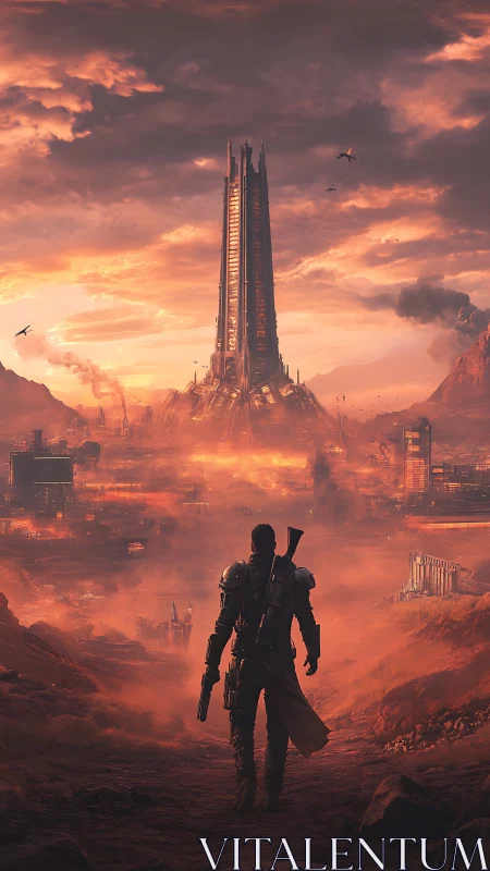 Lone wanderer returning to a glowing sci fi fortress city.