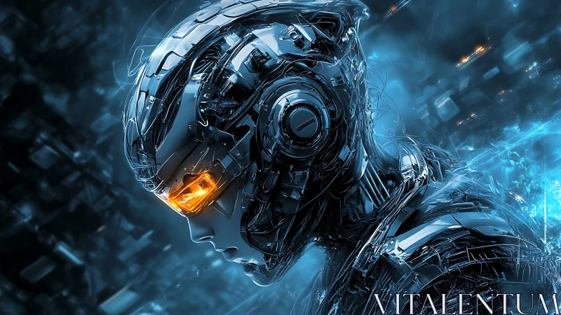 Cybernetic humanoid profile with illuminated visor in blue field.