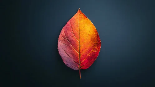 Single autumn leaf is centered against dark uniform background