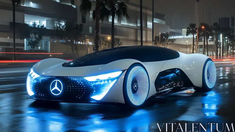 Midnight city cruise with a glowing futuristic concept car.