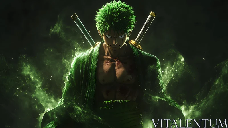 Green‑haired sword phantom ignites in emerald battlefog.