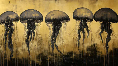 Five stylized jellyfish float against textured gold background