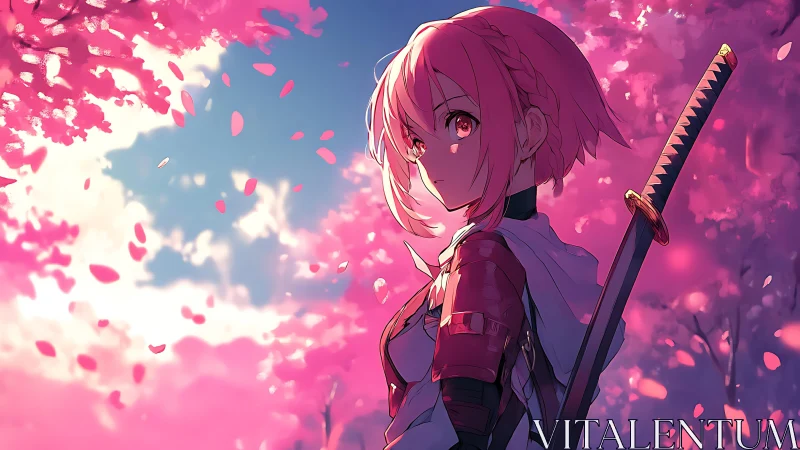 Anime swordswoman under dynamic cherry blossoms with warm bokeh