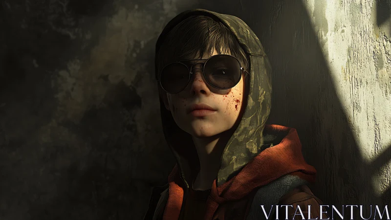 Streetlit survivor kid steadies his gaze behind bruised shades