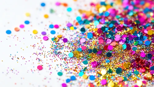 Multicolored confetti and glitter scattered on white surface.