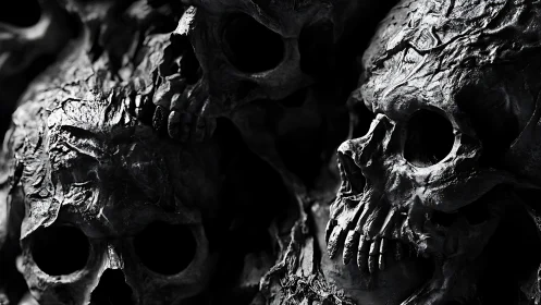 Moody tangle of weathered skulls in dramatic shadowed light.