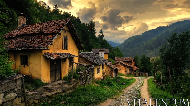 Rural hillside dwellings align along an unpaved curved road