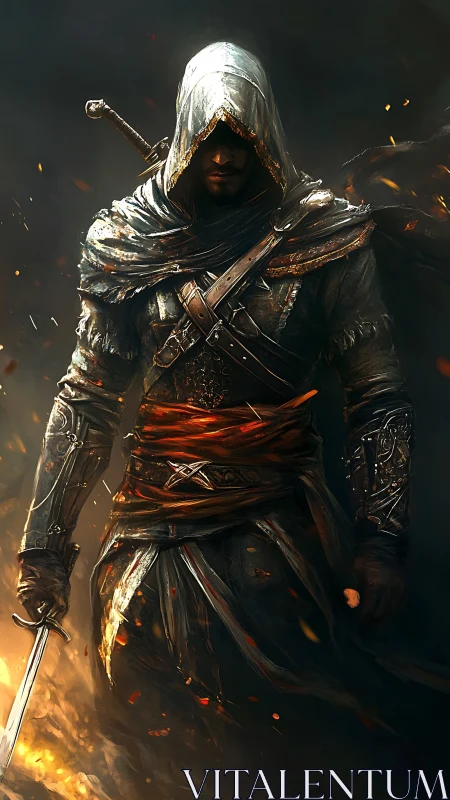 Hooded swordsman in layered armor walks through embers