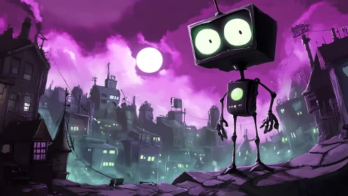Moonlit glitch-bot wanders a neon-smog mechanical cityscape.
