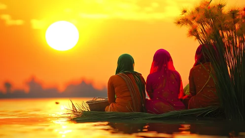 Three women in colorful saris at riverside, sunset photography.